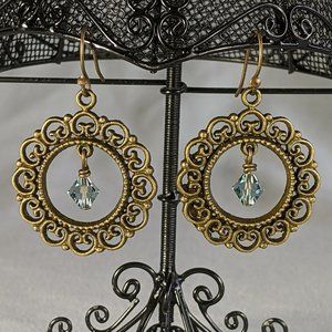 Handcrafted bronze earrings with genuine Indian Sapphire Swarovski crystal. New!